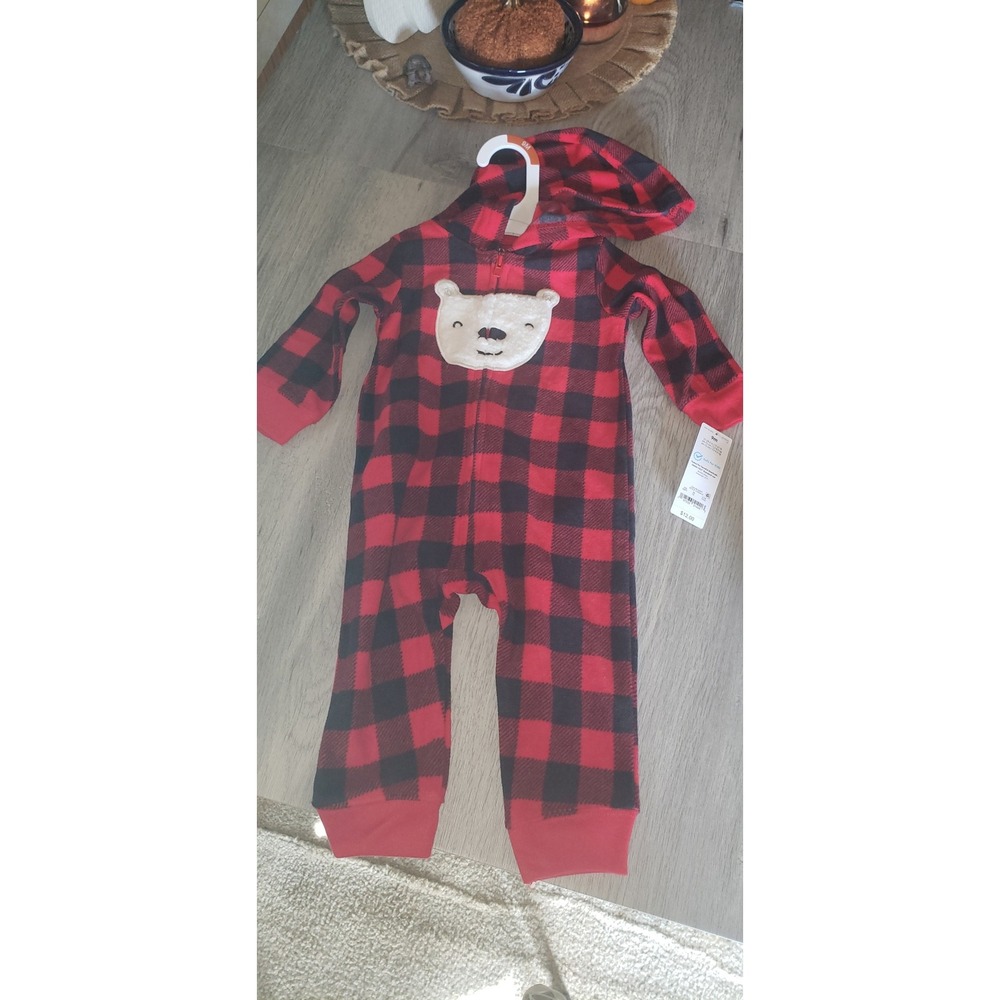 Carters Just One You Baby 9M Buffalo Plaid Hooded Fleece Jumpsuit Bear 1T933410